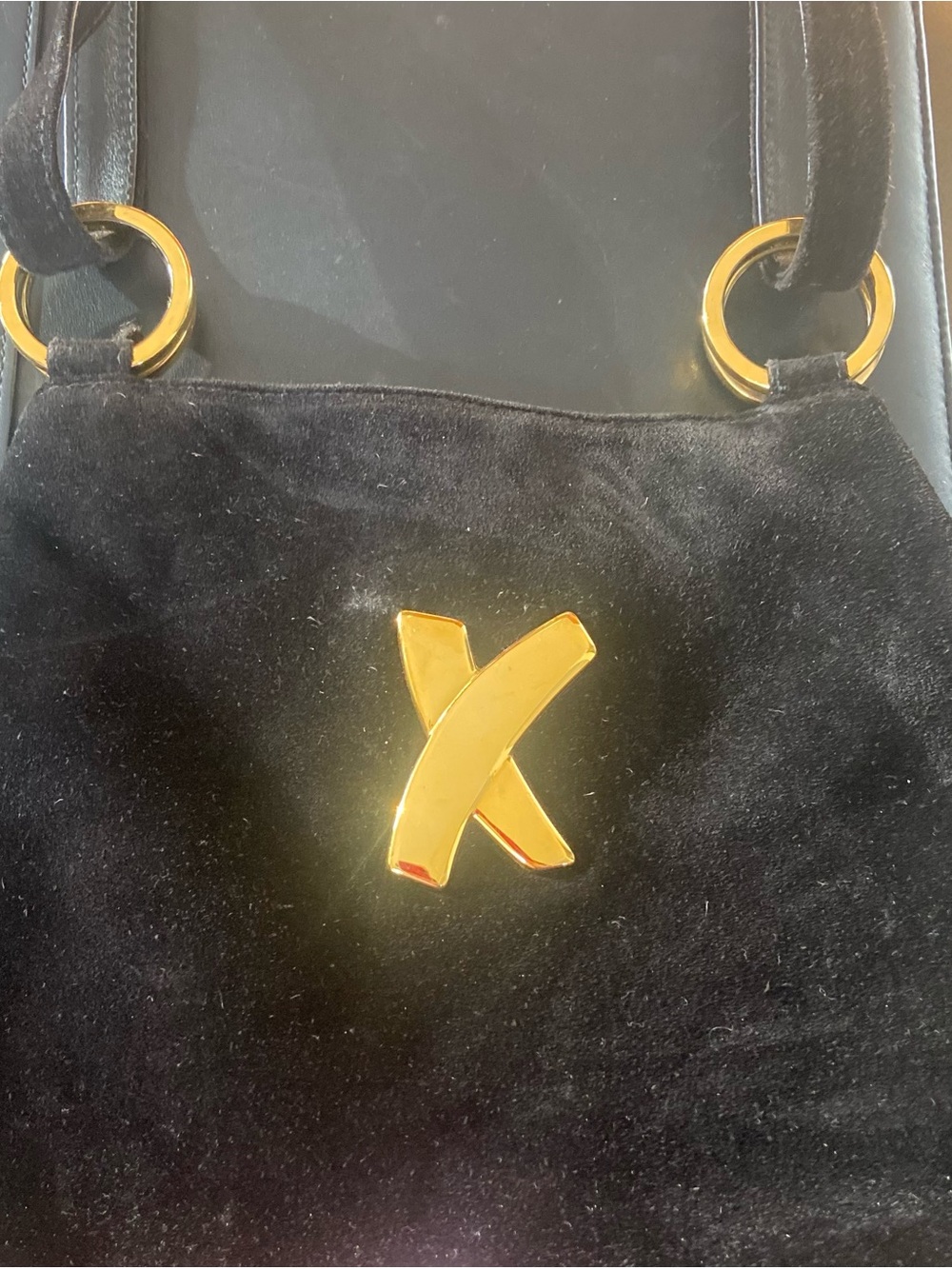 Vintage Paloma Piccasso Black SUEDE Shoulder Bag with Gold X Accent LOGO Perfect
